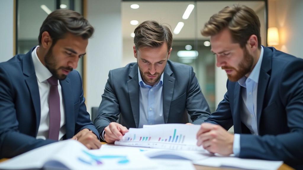 Team in vergadering kijkt naar printout met grafieken en bespreekt resultaten