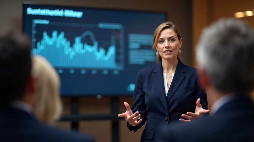 Zakelijke vrouw presenteert data inzichten op groot scherm met grafieken