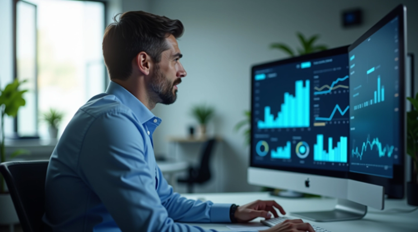 Manager analyseert grafieken en dashboards op het computerscherm met data visualisaties
