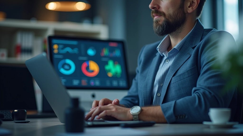 Manager kijkt naar een overvoled dashboard met tientallen grafieken en metrieken op het scherm