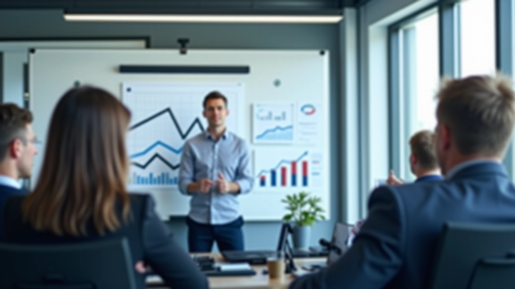 Manager wijst naar grafiek met trend lijnen op whiteboard, team volgt gespannen