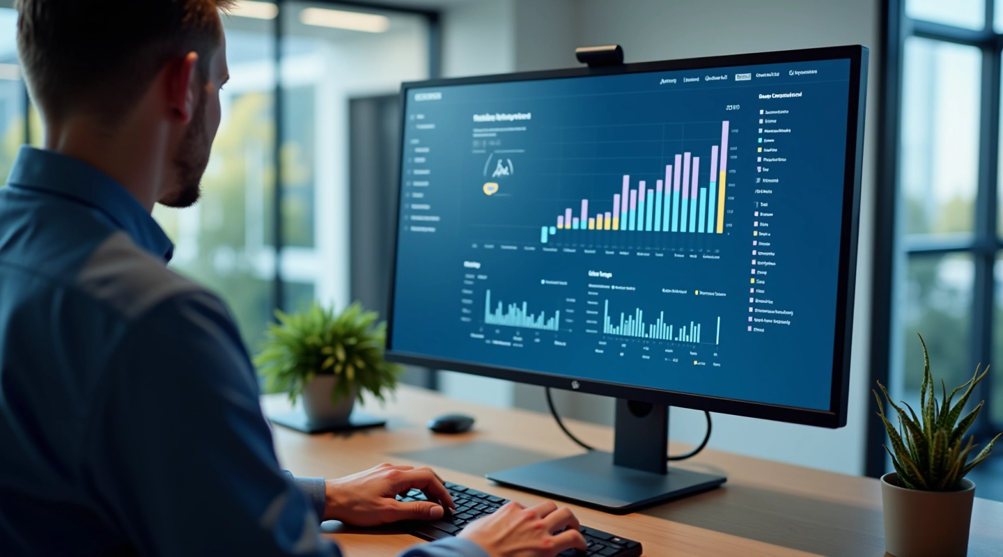 Manager analyseert data op groot scherm met grafieken en metrics